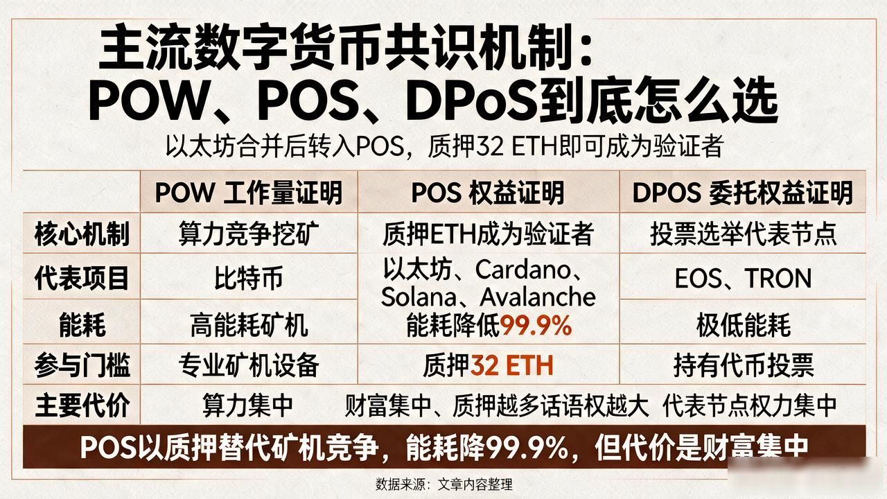 主流数字货币共识机制:POW、POS、DPoS到底怎么选